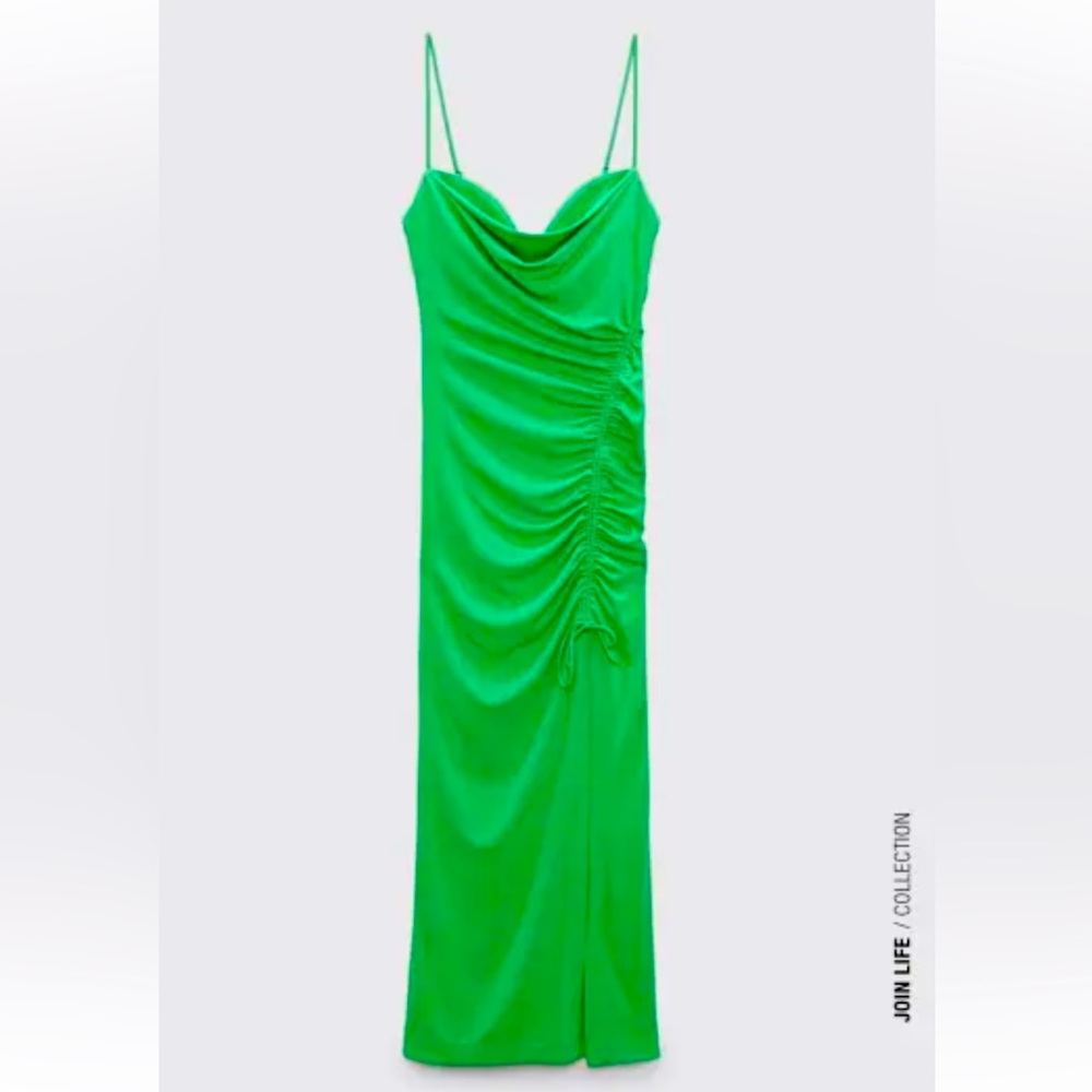 ZARA ruched SS22 GREEN MIDI DRESS WITH DRAPED DETAIL size Large L